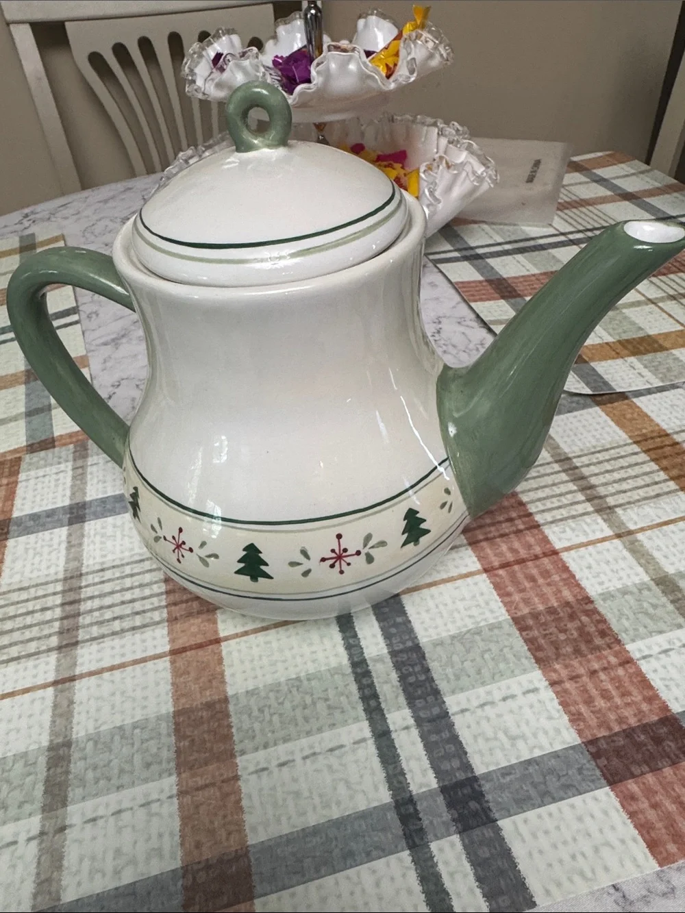 Vintage Festive Ceramic Teapot with Green Handles and Holiday Motif